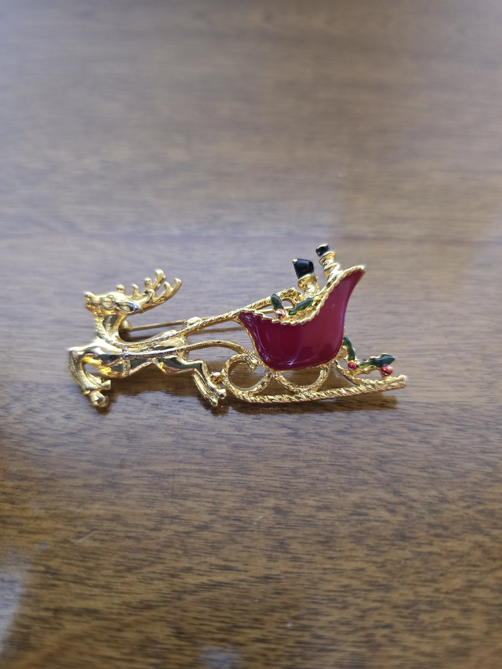 60's/70's Vintage Gold-Tone Red Sleigh & Reindeer Holiday Brooch